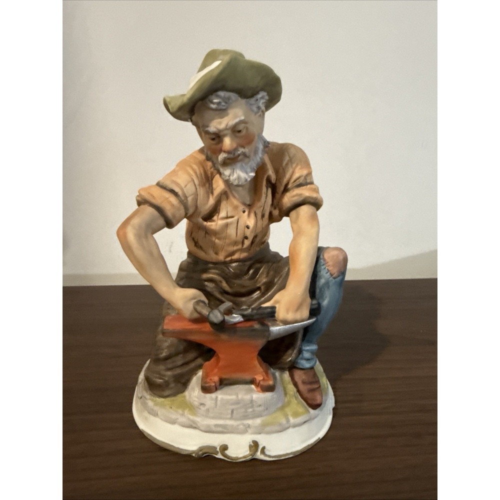 Vintage Porcelain Figurine Blacksmith Man Anvil Hand Painted European Style
